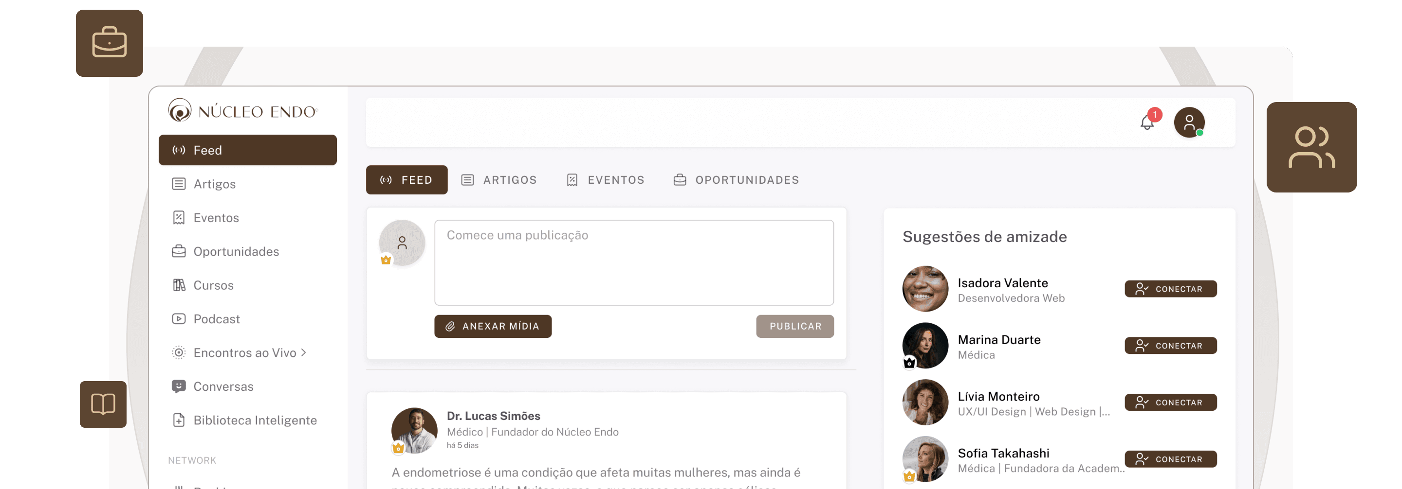 Prévia da plataforma Núcleo Endo: feed da comunidade, artigos, eventos e oportunidades.